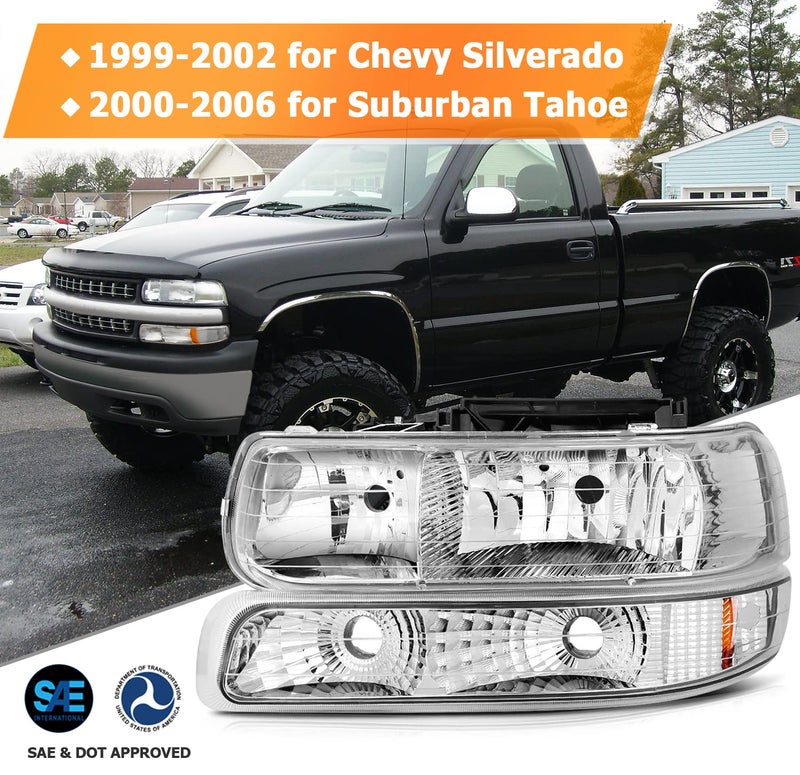 LBRST Headlight Assembly For Chevrolet Silverado 1500 1999-2002/For Chevrolet Silverado 2500 1999-2002 Chrome Housing Amber Reflector Clear Lens Driver and Passenger Side Headlamp - Image 2